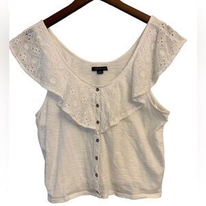 American Eagle Outfitters White Cotton Eyelet Ruffle Off Shoulder Button Top L